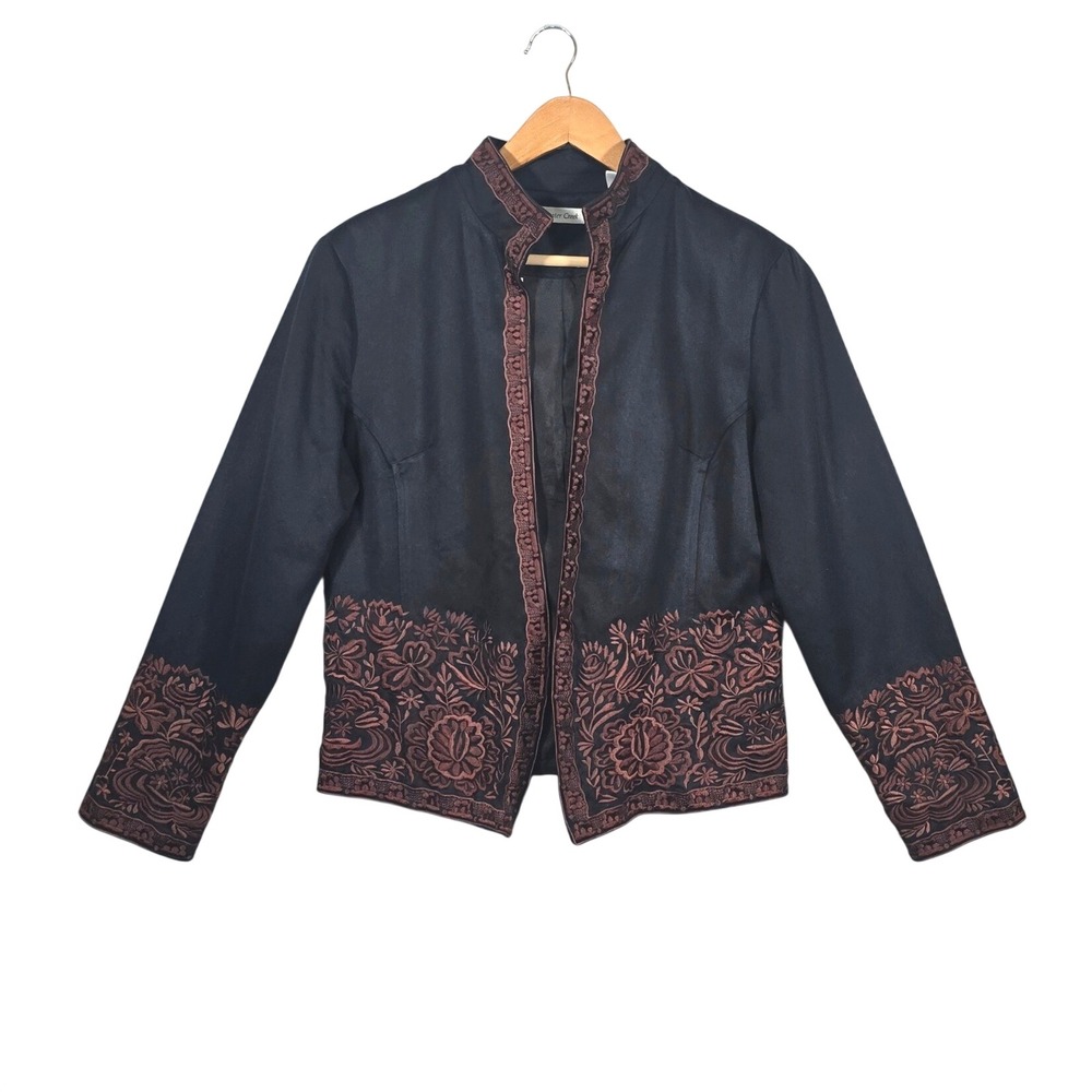 Coldwater Creek Open Front Jacket 14 Black Copper Embroidered Floral Cropped